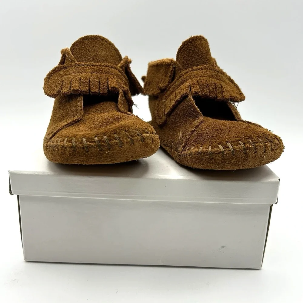 Vtg Minnetonka Brown Suede Moccasin Booties Infant Sz6 PaPooShu Fringe Boho Baby